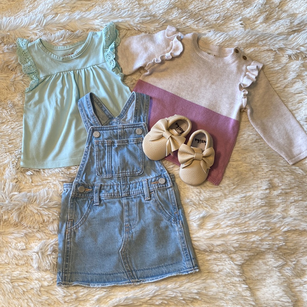 12-18 Month Old Navy Overall Dress, Cream Infant Moccasins, H&M Sweater Top